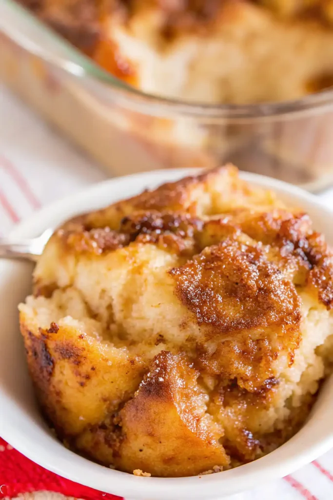 Close-up of golden brown bread pudding served in a white ramekin with a crispy top and soft, custard-like center.