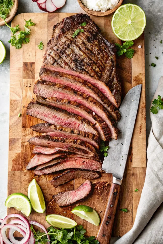 Sliced carne asada on a wooden cutting board with lime wedges, red onion, cilantro, and a chef knife.