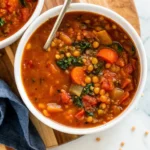 Bowl of hearty lentil soup with carrots, tomatoes, and kale on a wooden board