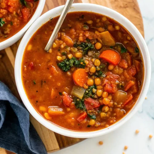 Bowl of hearty lentil soup with carrots, tomatoes, and kale on a wooden board