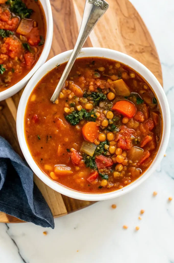 Bowl of hearty lentil soup with carrots, tomatoes, and kale on a wooden board
