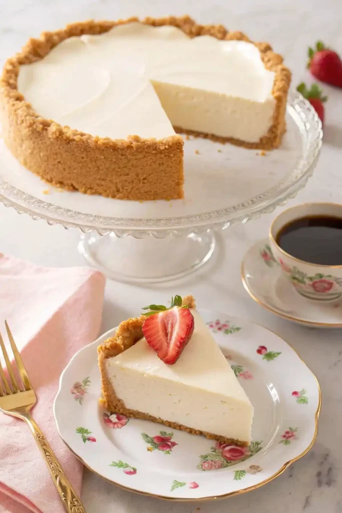 Slice of no-bake cheesecake with graham cracker crust and strawberry topping served on a floral plate, next to a full cheesecake and a cup of coffee.