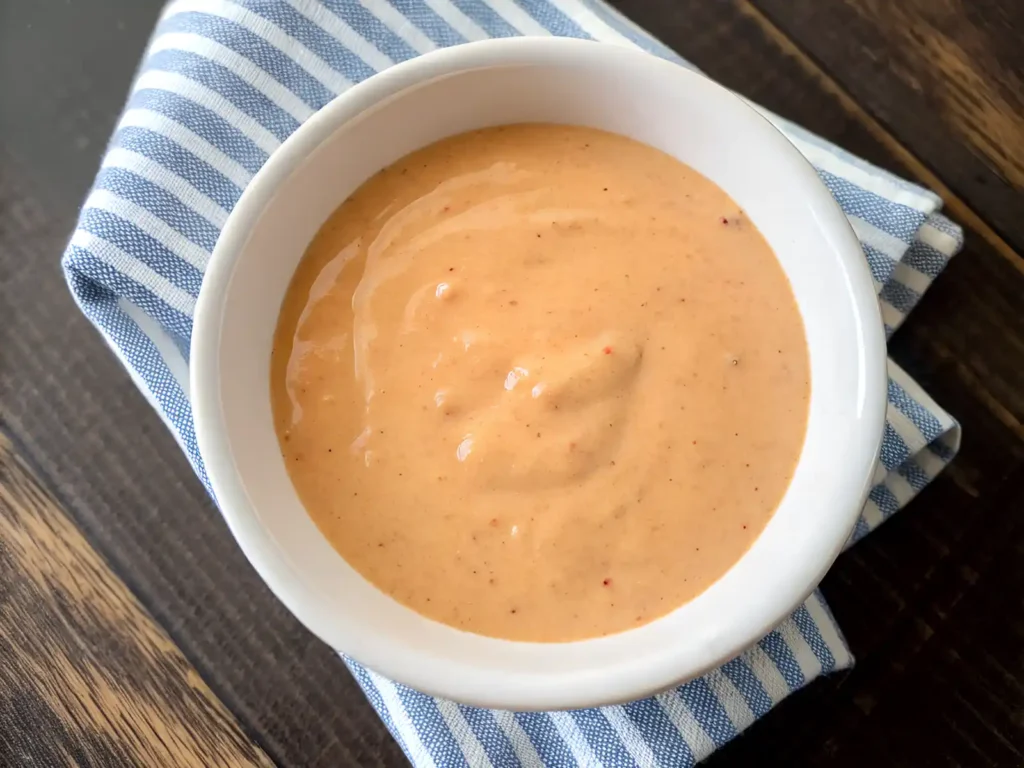 Top view of homemade Big Mac burger sauce in a white bowl with creamy orange texture and paprika specks on a striped cloth.