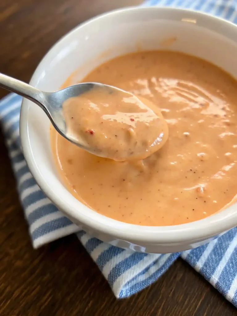 Close up of Big Mac sauce recipe in a white bowl with spoon showing creamy texture and visible spice specks.