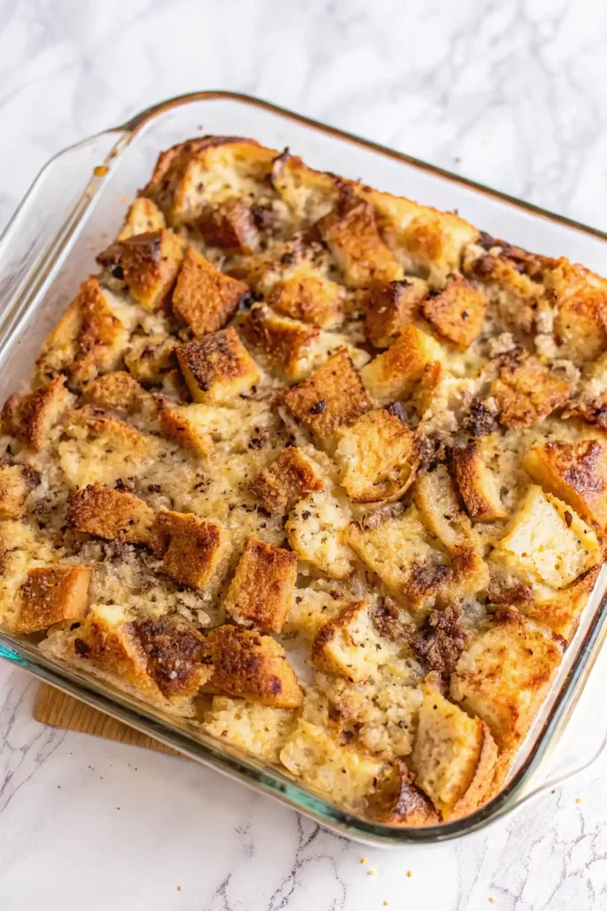 Old fashioned bread pudding baked in a glass dish with golden, caramelized bread cubes and a soft custard base.