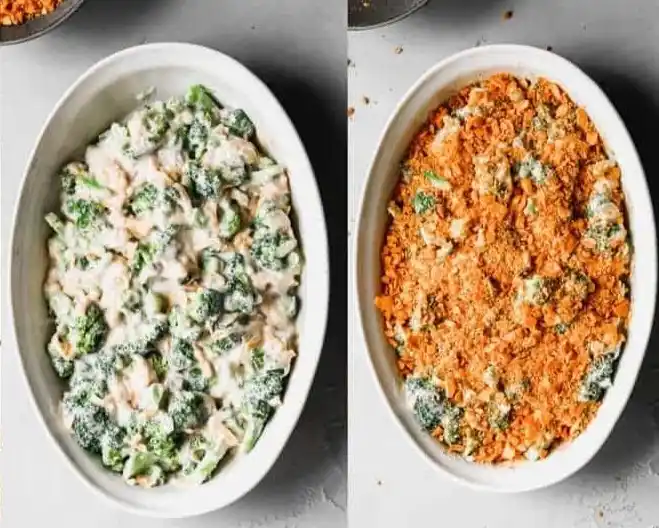 Broccoli casserole before and after topping with crushed cheese crackers in white baking dish.
