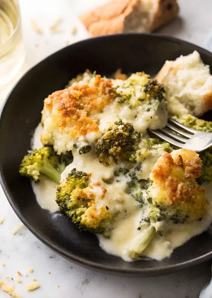 Broccoli cheese casserole served in black bowl with creamy white sauce and golden crispy topping.
