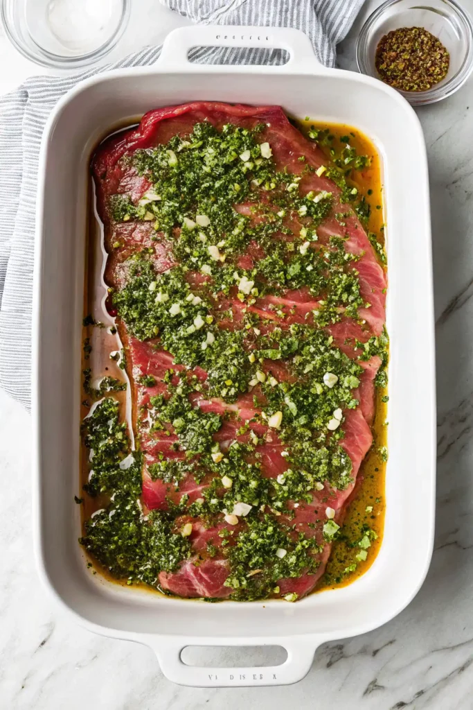 Raw flank steak marinating in a white baking dish with cilantro garlic lime marinade.