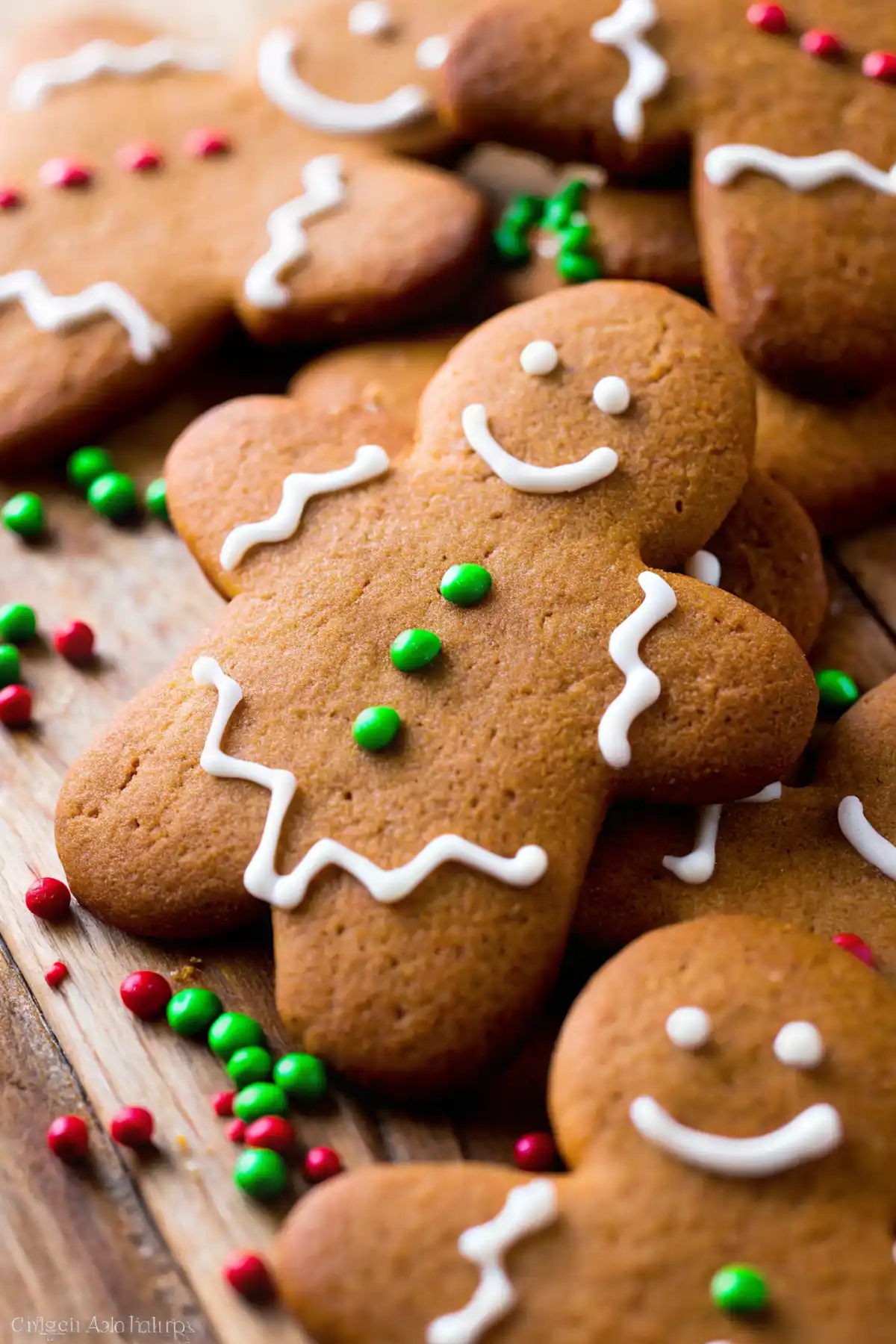 Chewy gingerbread men cookies with white icing smiles and green candy buttons on a rustic wooden table.
