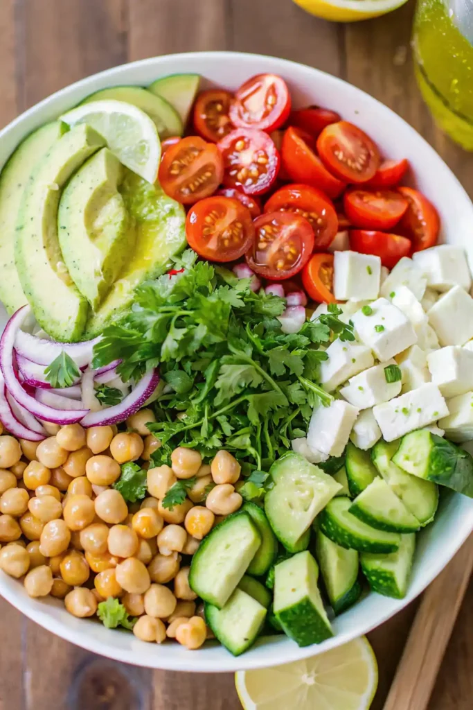 Unmixed chickpea salad ingredients in a white bowl including avocado slices, cherry tomatoes, feta, chickpeas, cucumber, red onion, and cilantro.