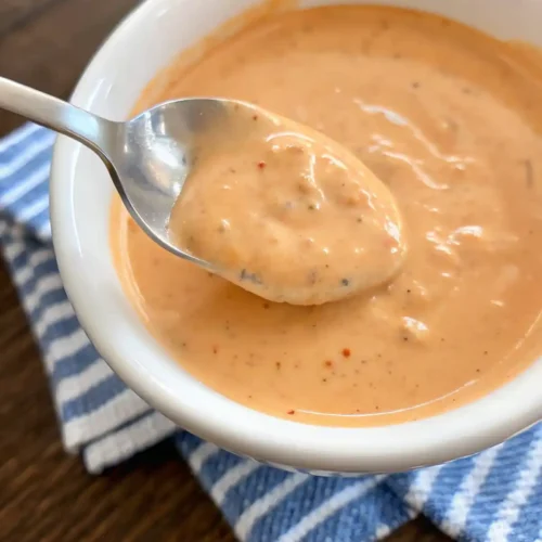 Close up of homemade Big Mac sauce in a white bowl with a spoon showing thick creamy texture and paprika specks.