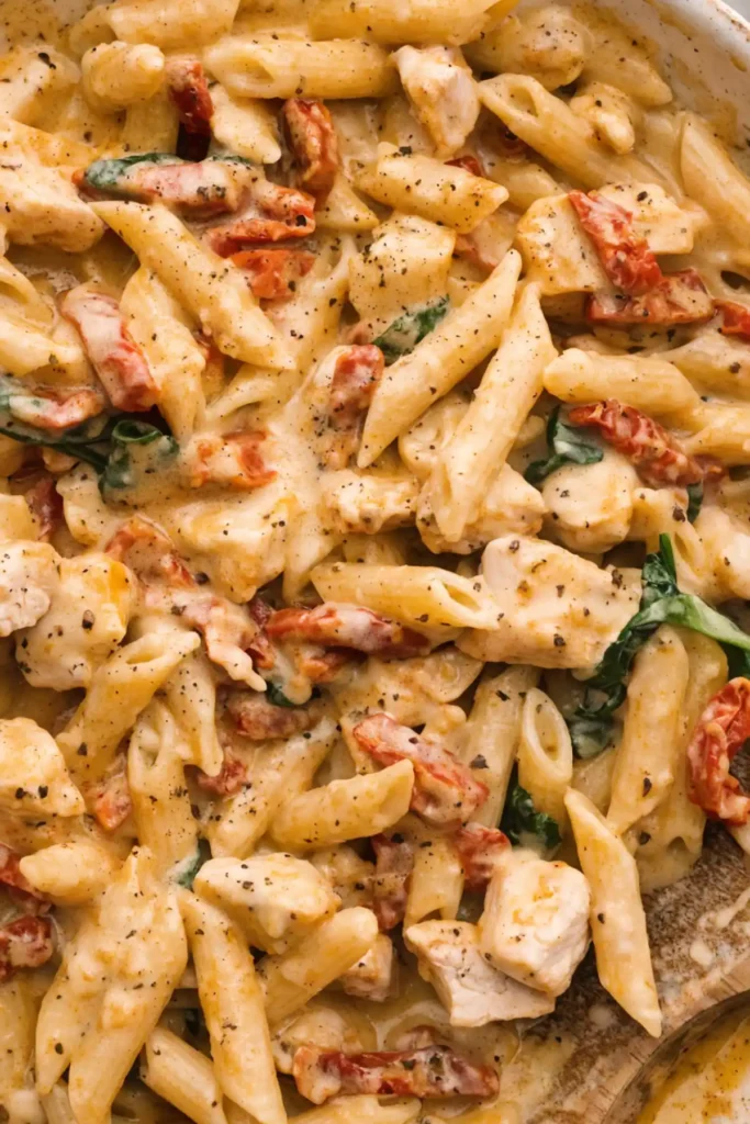 Creamy Cajun chicken pasta with penne, tender chicken pieces, sun dried tomatoes, spinach, and parmesan cream sauce.