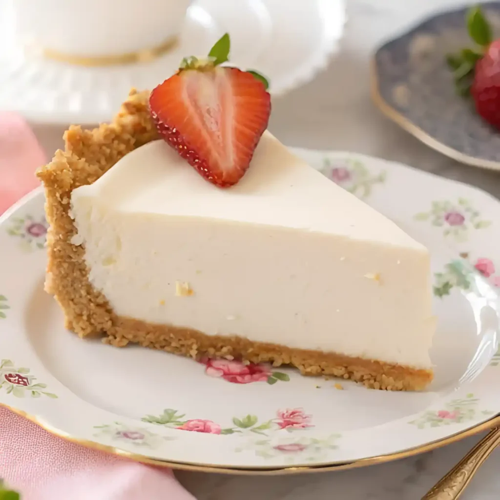 A slice of creamy no bake cheesecake with graham cracker crust and a halved strawberry on top, served on a floral-patterned dessert plate.