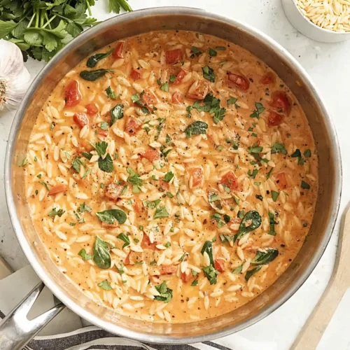 Creamy one pot orzo with spinach and roasted tomatoes in a stainless steel skillet on a light countertop.