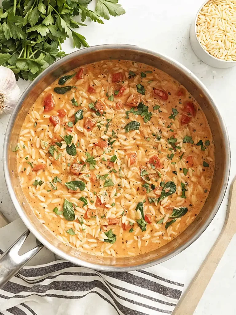 Creamy one pot orzo with spinach and roasted tomatoes in a stainless steel skillet on a light countertop.