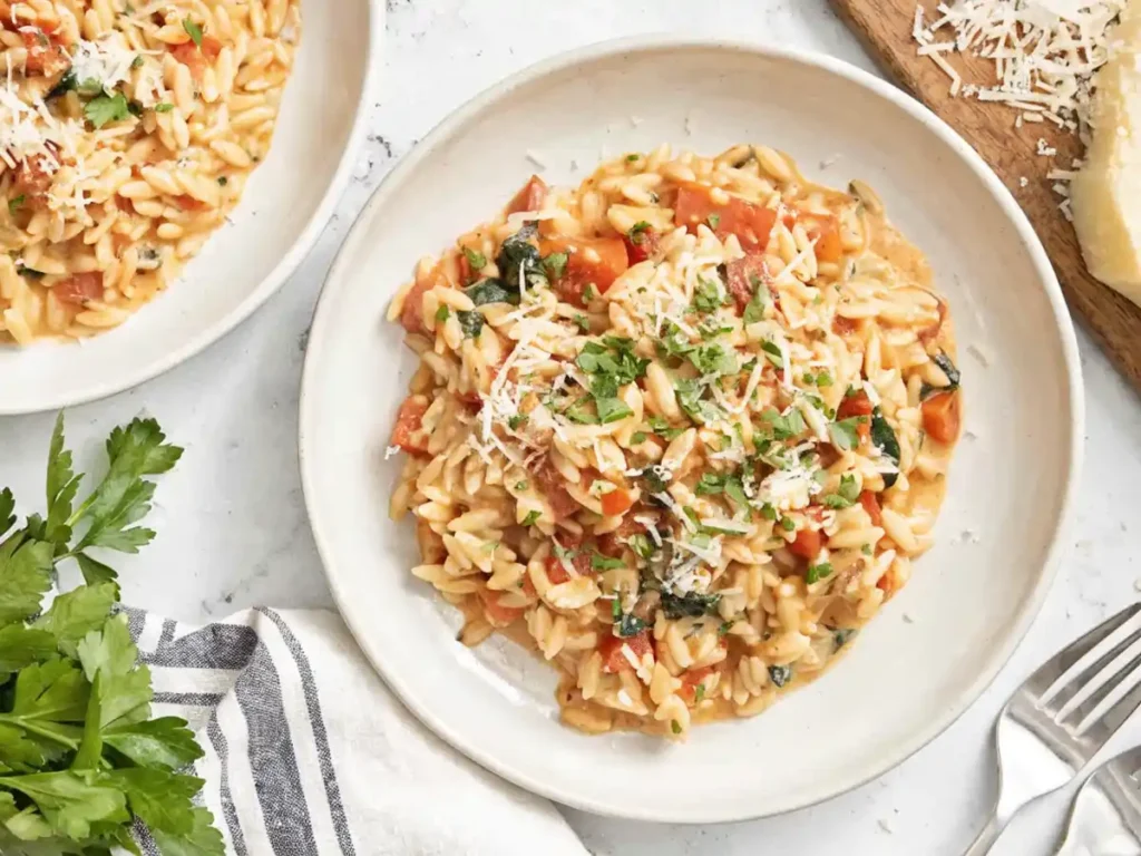 Creamy Tuscan orzo served on a plate with spinach, roasted tomatoes, and grated Parmesan.