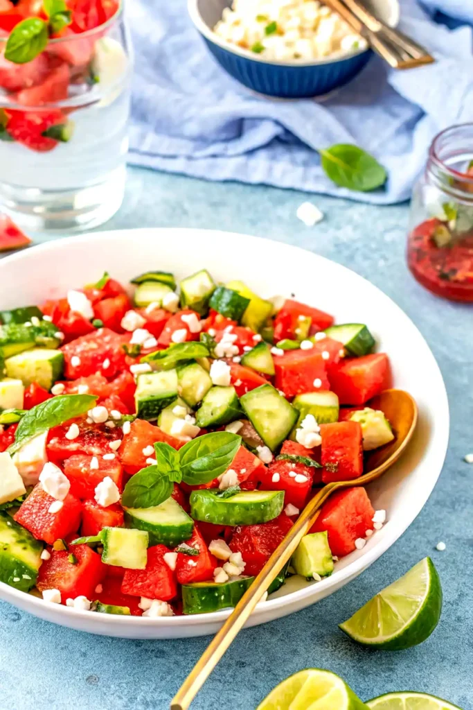 Cucumber watermelon salad with feta and basil in a white bowl with golden spoon