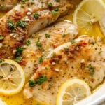 Easy baked tilapia fillets in lemon garlic butter sauce with fresh parsley and sliced lemons in a white baking dish.