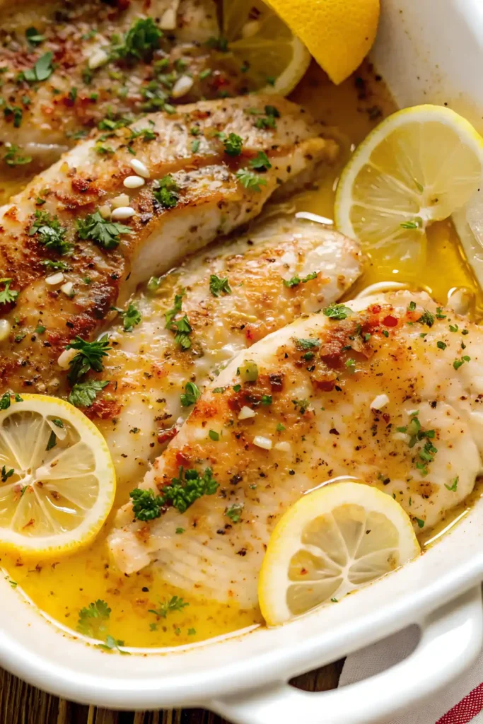 Easy baked tilapia fillets in lemon garlic butter sauce with fresh parsley and sliced lemons in a white baking dish.