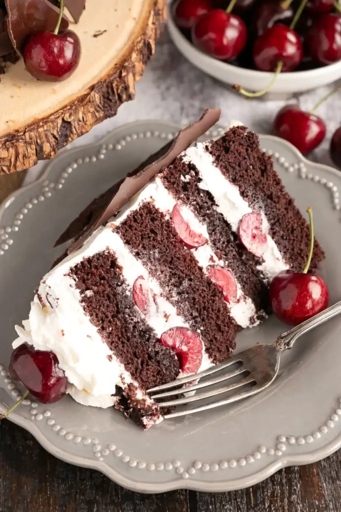 Slice of Black Forest cake with chocolate sponge layers, whipped cream, fresh cherries, and chocolate shard on a gray plate.