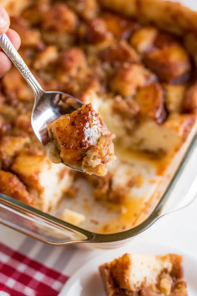 Spoon lifting a warm bite of easy bread pudding from a glass dish, showing golden edges and a soft, custard-like interior.