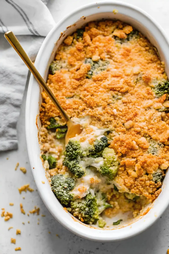 Easy broccoli casserole with creamy cheese sauce and crispy cracker topping in white baking dish.