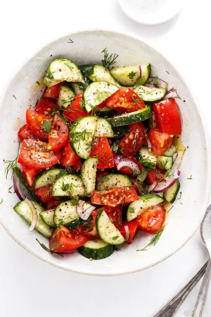 Easy cucumber tomato salad with fresh dill, red onion, olive oil, and cracked black pepper in a white bowl.