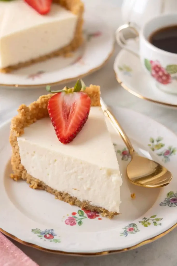 A slice of easy no bake cheesecake with a thick graham cracker crust and fresh strawberry topping, served on a floral plate with a gold spoon and coffee.