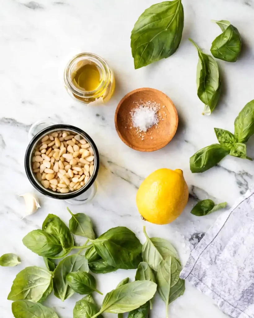 Flat lay of fresh pesto ingredients including basil leaves, pine nuts, lemon, garlic, olive oil, and sea salt on a marble countertop.
