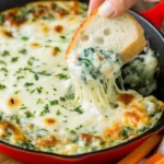 Hand dipping toasted bread into hot spinach dip topped with melted cheese in a red skillet