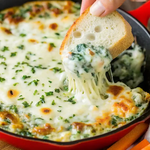 Hand dipping toasted bread into hot spinach dip topped with melted cheese in a red skillet