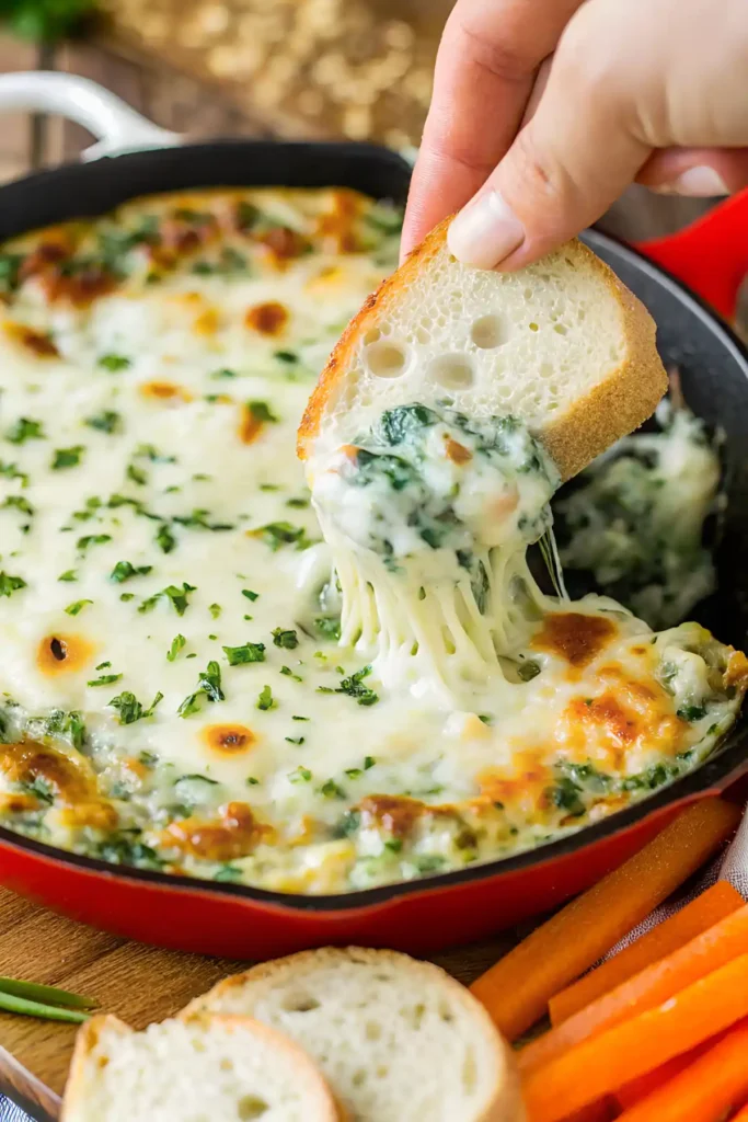 Hand dipping toasted bread into hot spinach dip topped with melted cheese in a red skillet