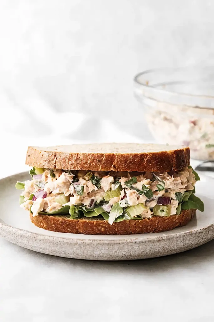 Easy tuna salad sandwich on whole wheat bread with lettuce, red onion, celery, and fresh herbs on a ceramic plate.