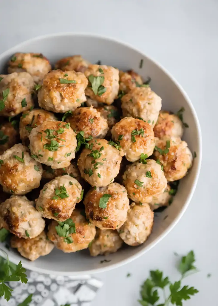 Easy baked turkey meatballs in a white bowl garnished with fresh parsley