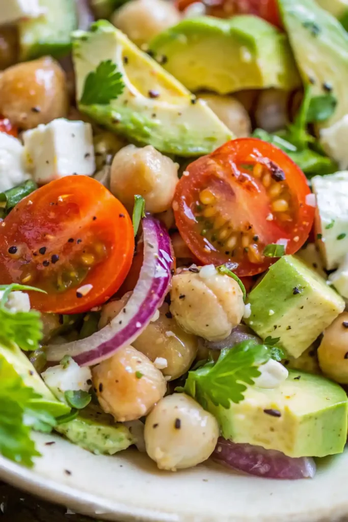 Close-up of garbanzo bean salad with cherry tomatoes, avocado, red onion, feta, and fresh parsley seasoned with lemon dressing and black pepper.