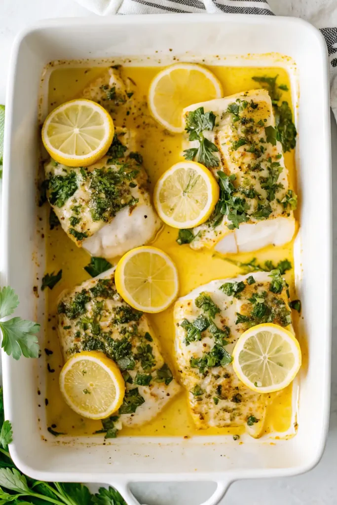Garlic butter baked cod fillets with lemon slices and fresh parsley in a white baking dish.