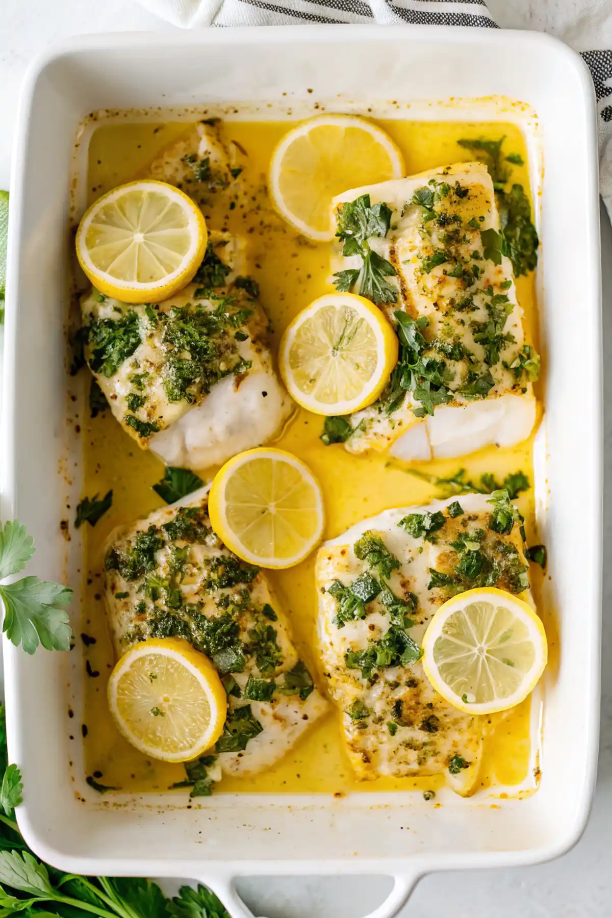 Garlic butter baked cod fillets with lemon slices and fresh parsley in a white baking dish.