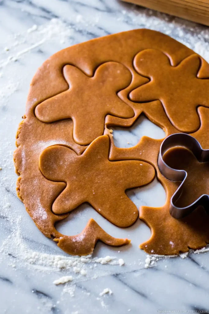 Rolled gingerbread cookie dough with gingerbread men cutouts on a floured marble surface.