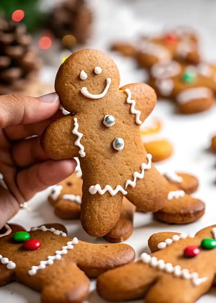 Hand holding decorated gingerbread men cookies with white icing and silver candy buttons.
