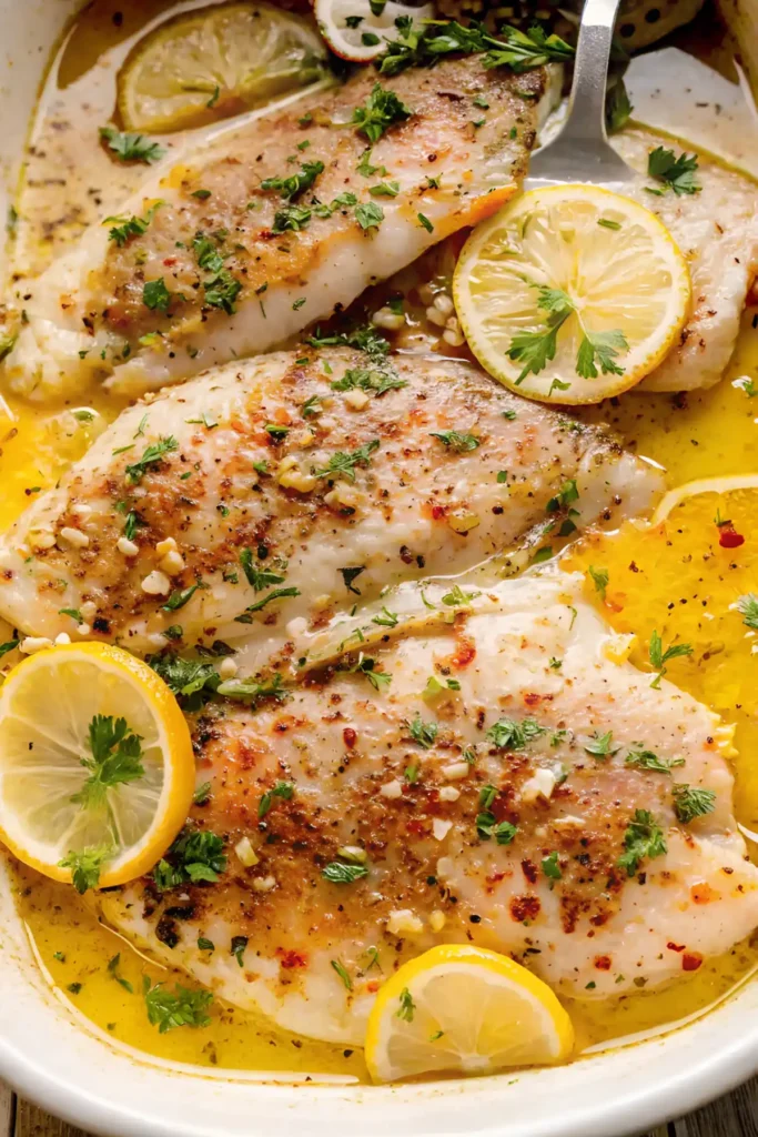 Healthy baked tilapia with lemon garlic butter sauce, fresh parsley, cracked pepper, and lemon slices in a white baking dish.