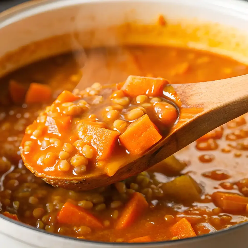 Close-up of lentil soup on a wooden spoon with carrots and broth