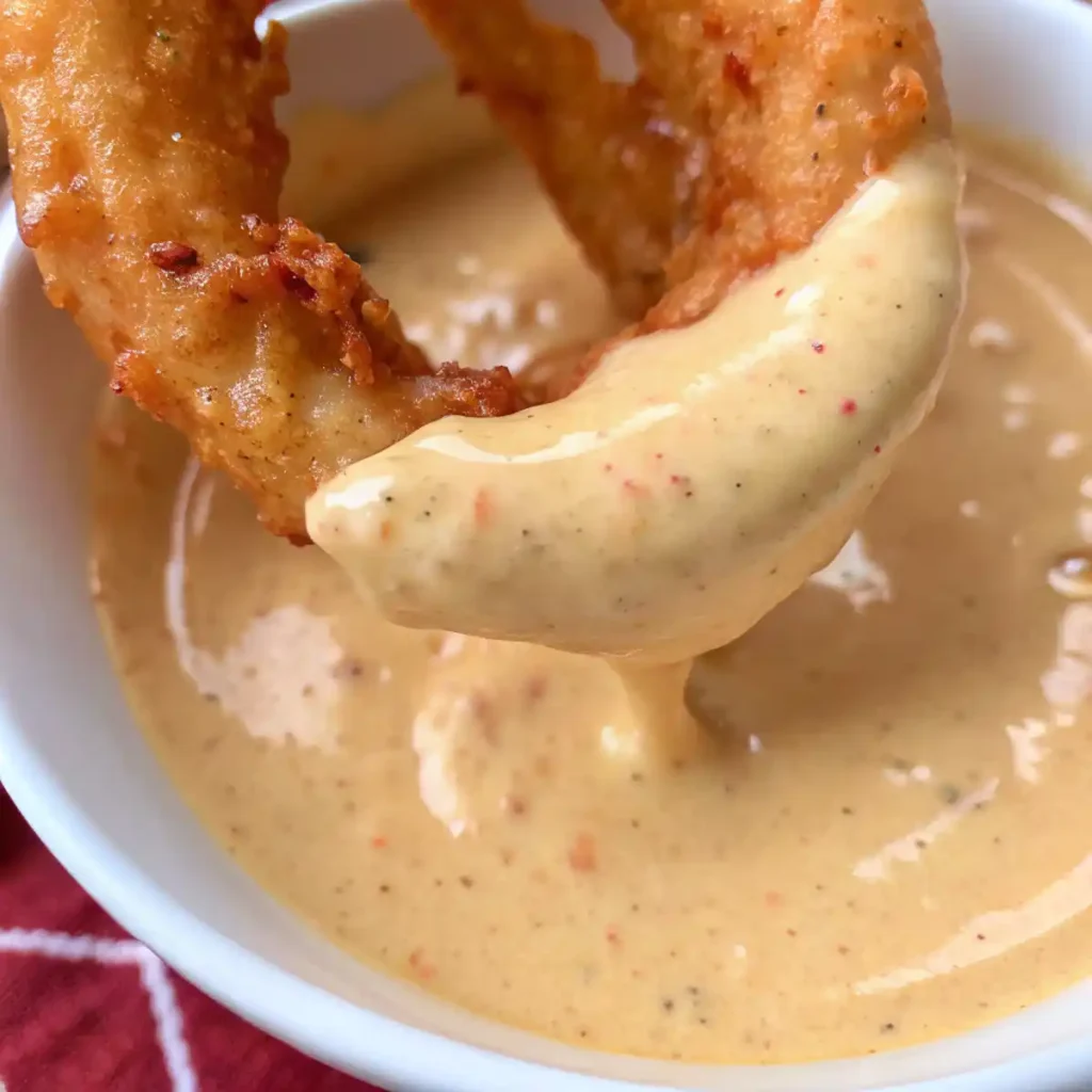 Crispy onion ring dipped in homemade Big Mac sauce with thick creamy texture and visible paprika specks.