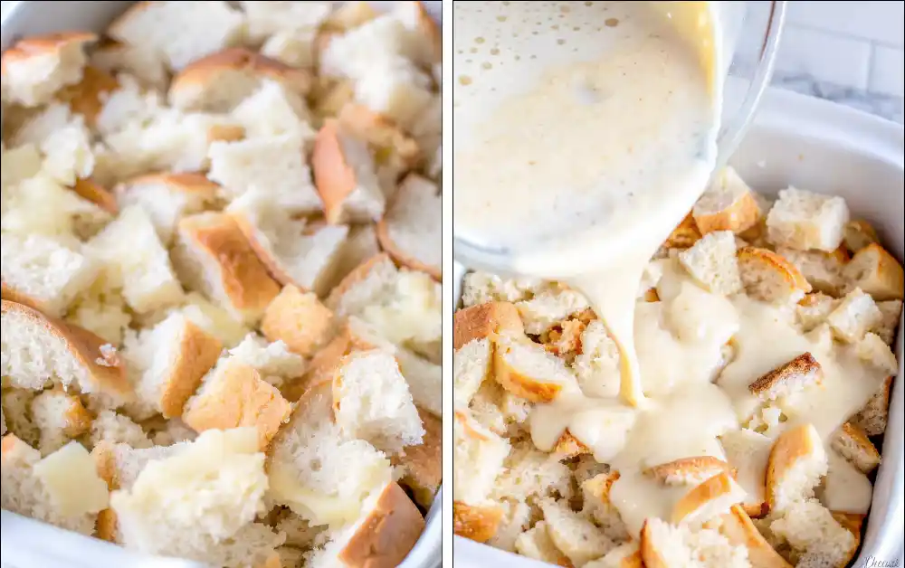 Side-by-side photos showing the start of homemade bread pudding. Left: cubed bread in a white dish. Right: custard being poured over the bread.