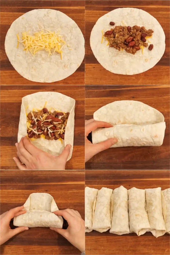 Step by step guide showing how to fold homemade beef burritos with cheese, seasoned ground beef, and beans on a wooden board.