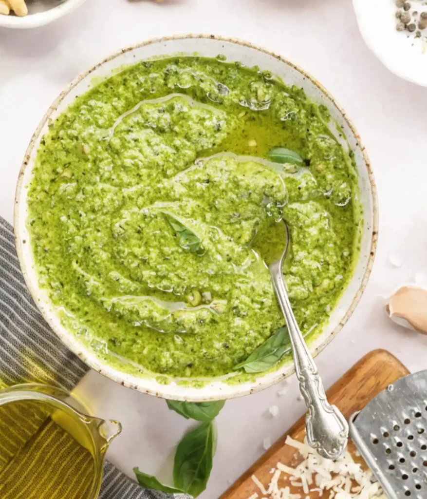 Close up of homemade basil pesto in a ceramic bowl with olive oil drizzle, fresh basil leaves, garlic, grated Parmesan, and olive oil on a light surface.