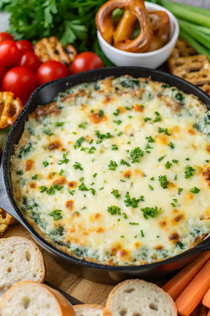 Freshly baked homemade spinach dip in a cast iron skillet topped with golden cheese and chopped parsley