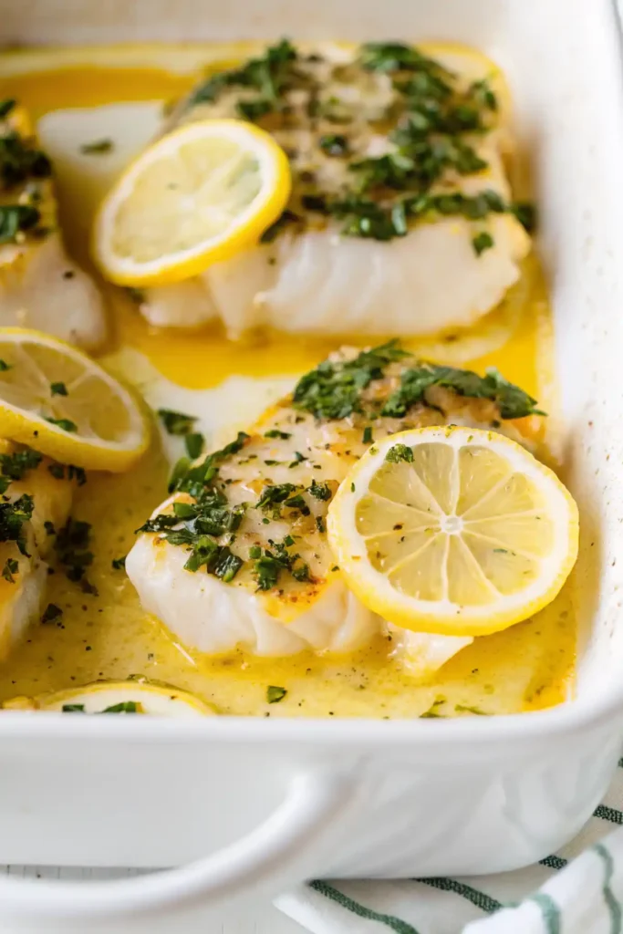 Close up of baked cod with garlic herb butter and lemon slices in a white baking dish.