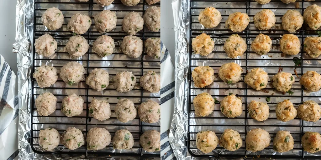 Juicy turkey meatballs before and after baking on a wire rack
