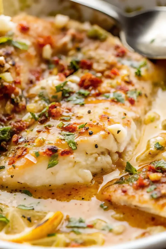 Lemon garlic baked tilapia with butter sauce, red pepper flakes, fresh parsley, and sliced lemons in a white baking dish.