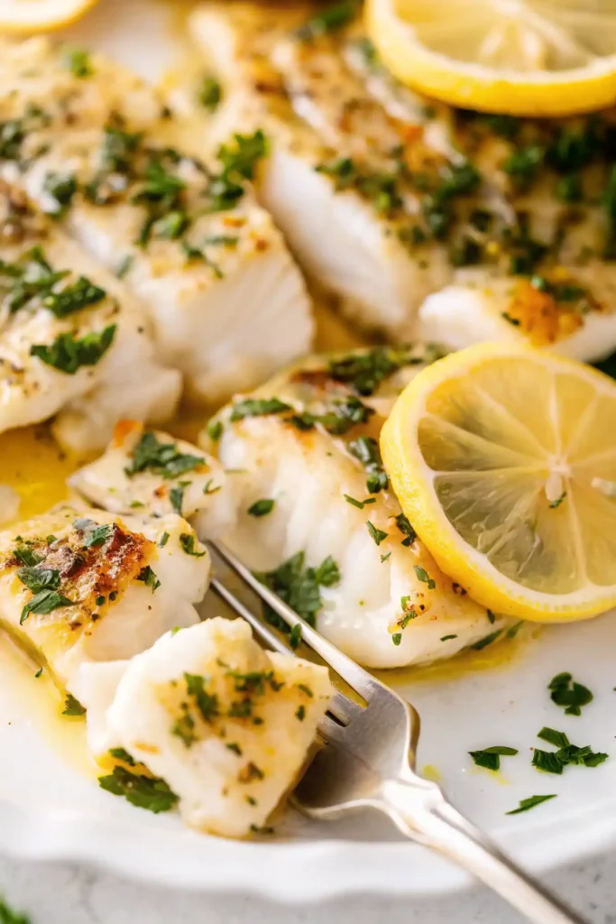 Close up of lemon herb baked cod with garlic butter, parsley, and lemon slices, served with a fork on a white plate.